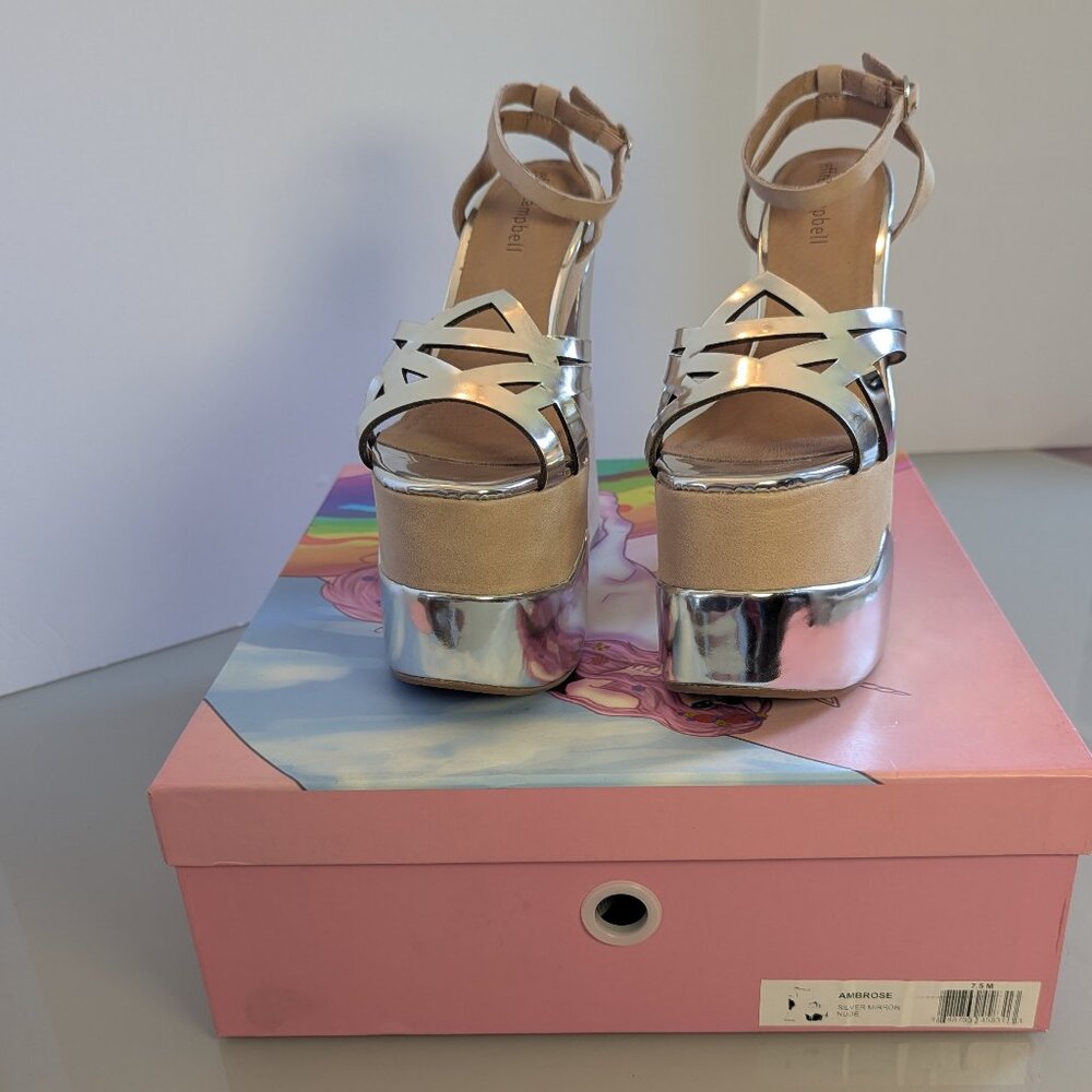 Jeffrey Campbell Y2K Nude Chrome Ambrose Platform Heels Shiny Ankle Strap NEW - Picture 8 of 12